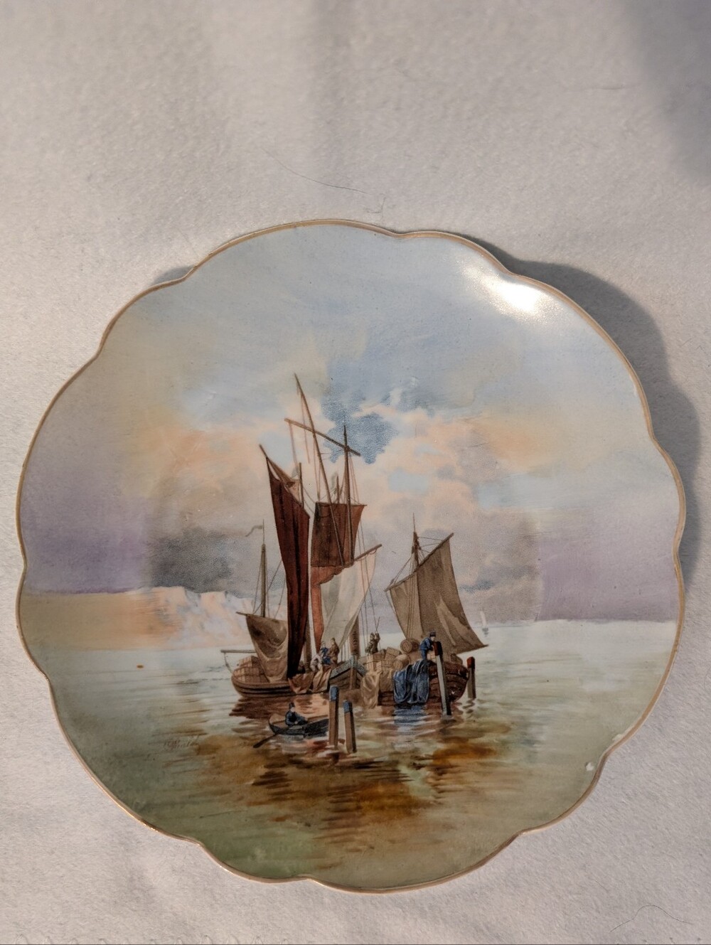 Limoges France Collector Plate / Ship On Calm Or Coastal Waters / Scalloped Edge